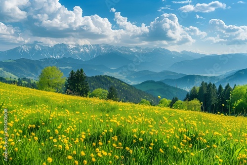 In the picturesque Alps  springtime brings forth idyllic mountain scenery adorned with blooming meadows  painting a breathtaking landscape of natural beauty and tranquility