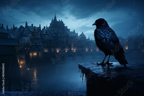 A raven looms ominously in the foreground while a castle emerges from the misty rain in the background against a deep blue backdrop