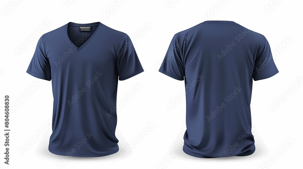 Template for a men's navy blue short sleeves V-neck shirt, presented with front and back views on a white background in vector format. Template for a men's navy blue short sleeves V-neck shirt, presented with front and back views on a white background in vector format.