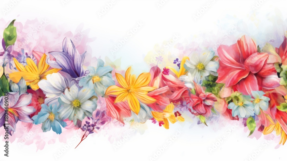 horizontal white banner or floral background decorated with gorgeous multicoloured blooming flowers 