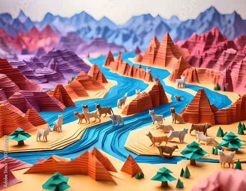 Paper Model of a Mountain Landscape With Animals. Generative AI