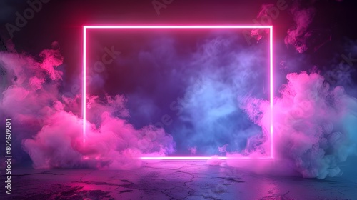 A realistic modern illustration of a rectangular border glowing in darkness containing toxic purple smoke and lightning discharges Design element of neon purple toxic smoke and lightning discharges 