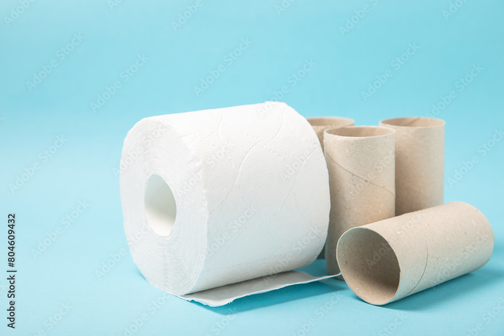 Fototapeta premium Empty toilet paper roll. Rolls of toilet paper on background. Paper tube of toilet paper. Place for text. Copy space. Flat lay. Eco-friendly reuse recycle