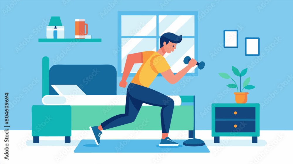 A person doing highintensity interval training in their small bedroom using minimal equipment for a killer workout.. Vector illustration