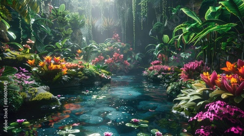 A beautiful painting of a lush rainforest with a river running through it. The river is surrounded by a variety of plants and flowers, and the trees are tall and green. The sun is shining through the