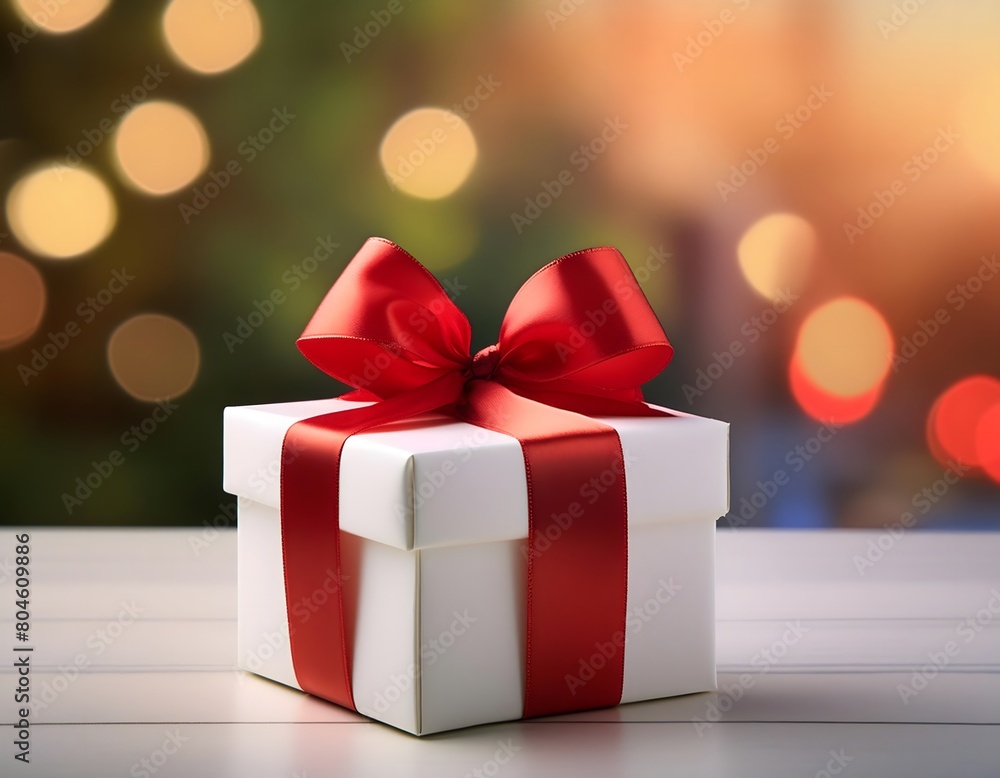White gift with red bow with blur background White gift with red bow with blur background
