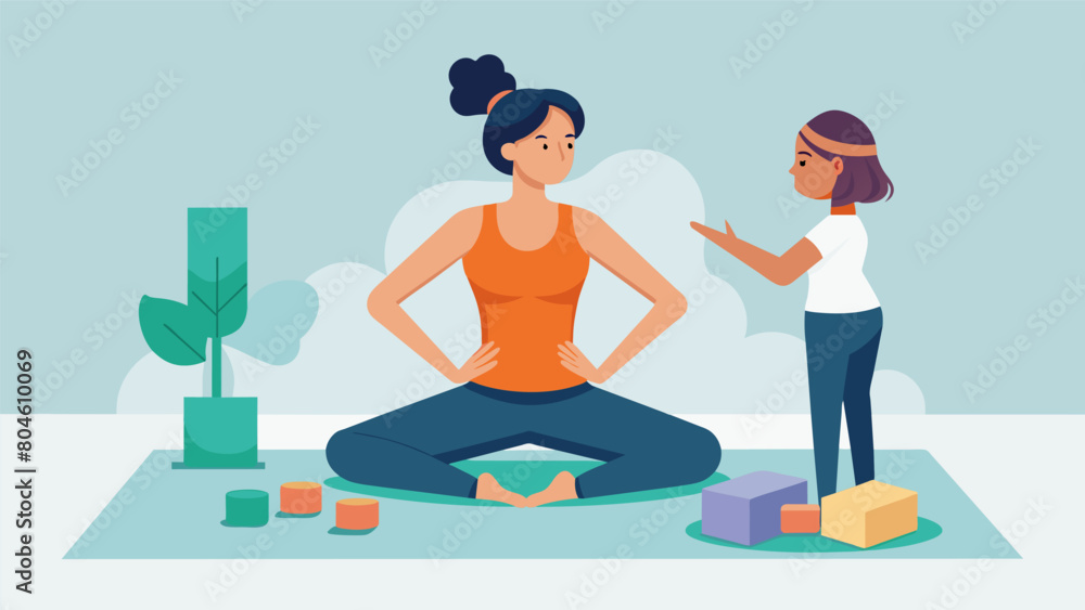 A woman with joint pain using props such as blocks and ss to ease into deep stretches with an empathetic and experienced instructor by her side during. Vector illustration A woman with joint pain using props such as blocks and ss to ease into deep stretches with an empathetic and experienced instructor by her side during. Vector illustration