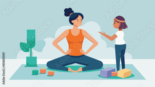 A woman with joint pain using props such as blocks and ss to ease into deep stretches with an empathetic and experienced instructor by her side during. Vector illustration