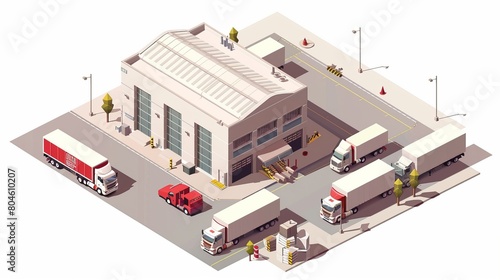 This vector isometric icon or infographic element showcases a low poly factory building, warehouse, office, and semi-trucks with trailers.