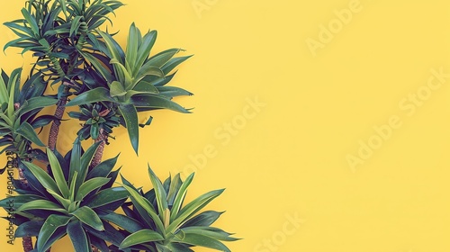   Two green plants atop a yellow wall One potted plant in front, nestled against a similar hue photo