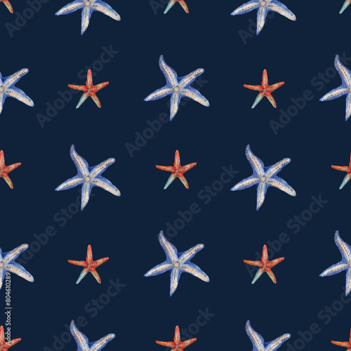 Starfish isolated on a colored background. Hand drawn watercolor illustration. Seamless pattern.