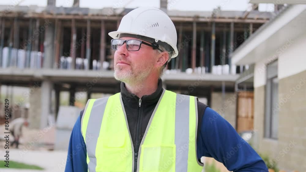 Confident caucasian engineer man checking inspection at modern home building construction. Architect with safety helmet at construction site, close up. Confident caucasian engineer man checking inspection at modern home building construction. Architect with safety helmet at construction site, close up.