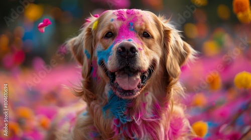 Energetic dog joyfully playing and leaping among vibrant colors at holi festival celebration photo