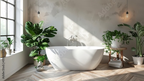 White tub and beautiful plants adorn the bathroom interior  adding to the overall design.