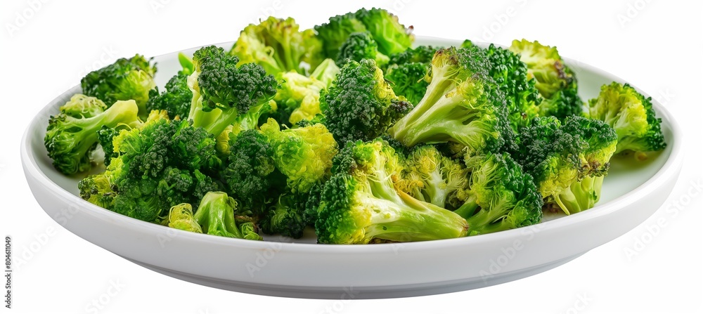 A top-down view photograph displaying steamed broccoli served on a white plate, with a clear background, allowing the food to stand out, ideal for food photography enthusiasts. A top-down view photograph displaying steamed broccoli served on a white plate, with a clear background, allowing the food to stand out, ideal for food photography enthusiasts.