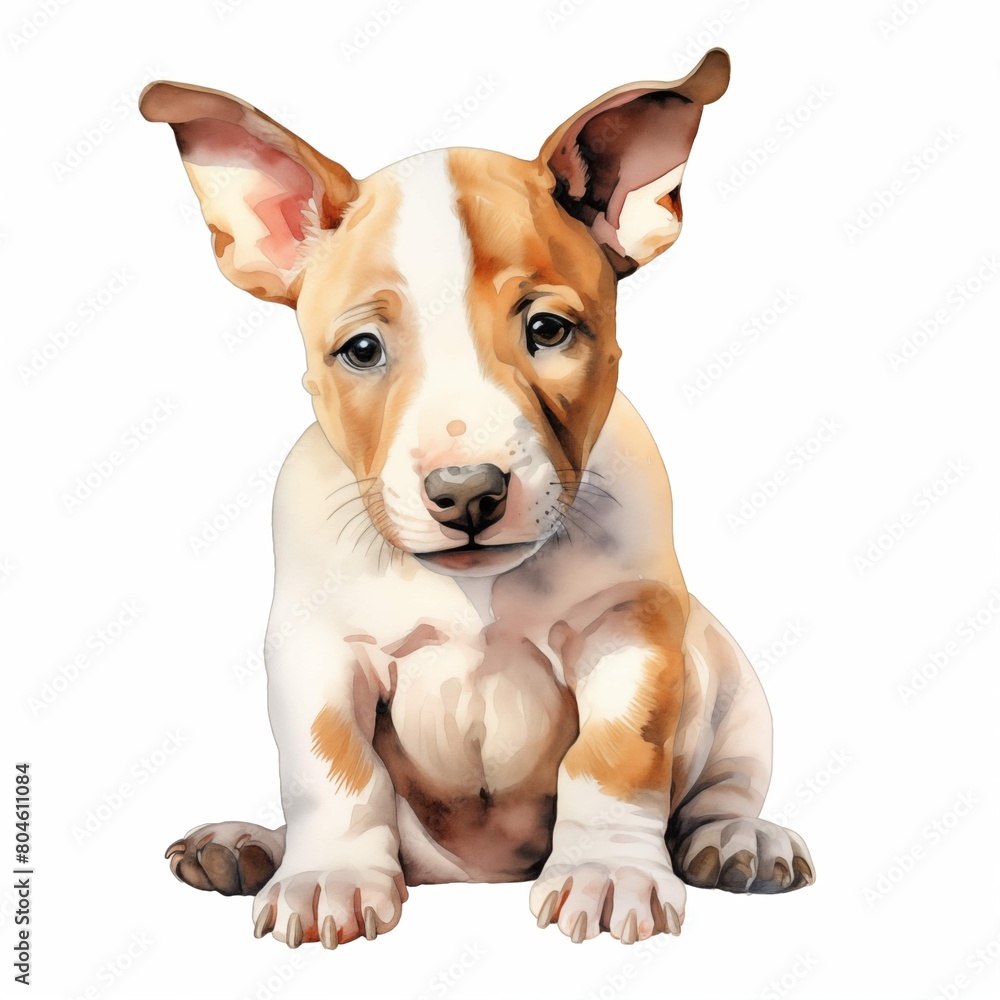 English bull terrier. Bully terrier. Puppy dog. Watercolor illustration. Generative AI. Detailed illustration.