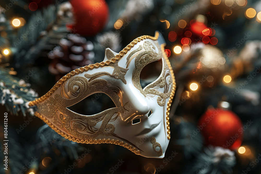 golden carnival mask, Against a backdrop of darkness, the mask serves as a focal point of celebration and festivity, symbolizing the joy and excitement of the holiday season