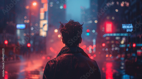 A man is standing in the rain in a city with a neon sign in the background © ART IS AN EXPLOSION.