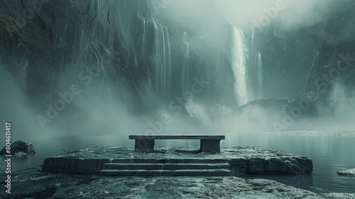 A bench is sitting on a rock in front of a waterfall