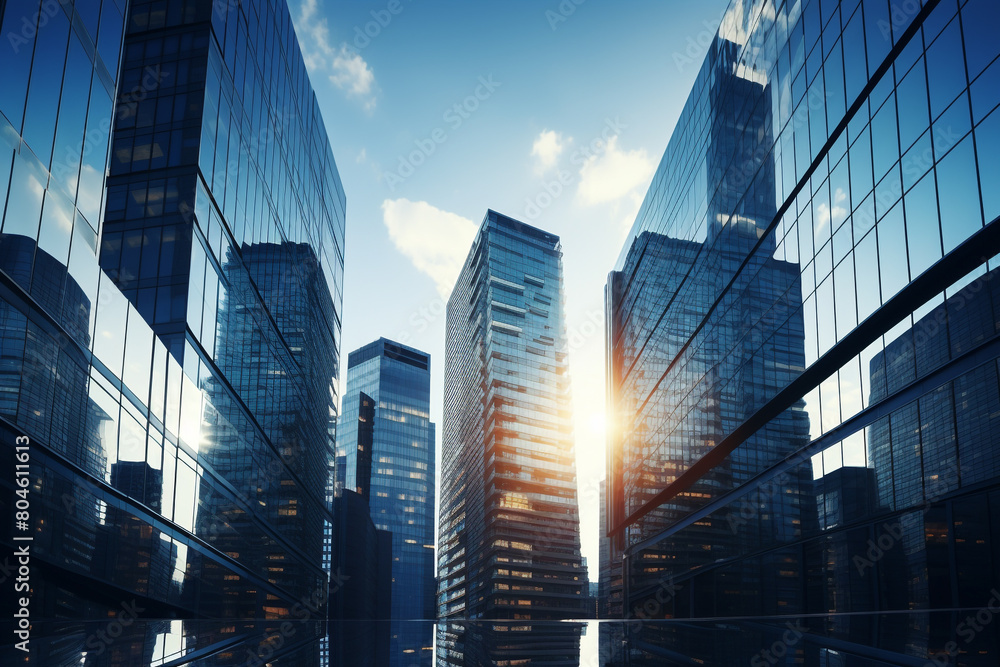 Reflective skyscrapers, business office buildings. low angle view of skyscrapers in city, sunny day. Business wallpaper with modern high-rises with mirrored windows Reflective skyscrapers, business office buildings. low angle view of skyscrapers in city, sunny day. Business wallpaper with modern high-rises with mirrored windows