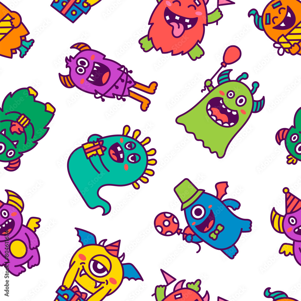 Kawaii cute party monsters. Seamless pattern. Happy birthday gifts, funny alien, greeting cake. Hand drawn style. Vector drawing. Design ornaments.