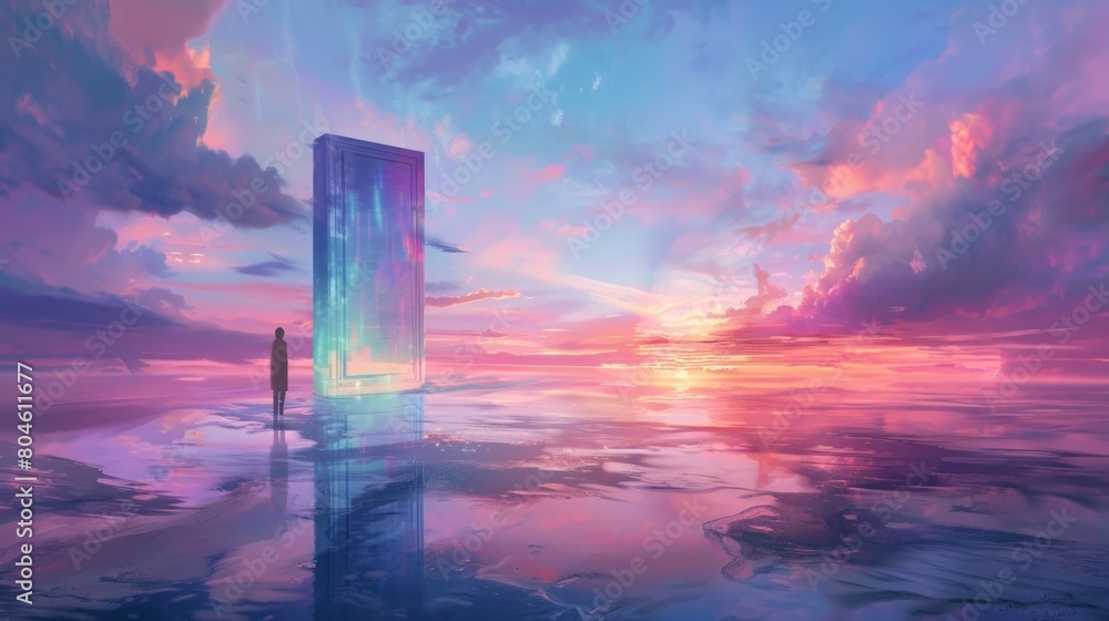 A person in contemplation before a vibrant, iridescent door standing alone in a tranquil, reflective waterscape with pastel skies.