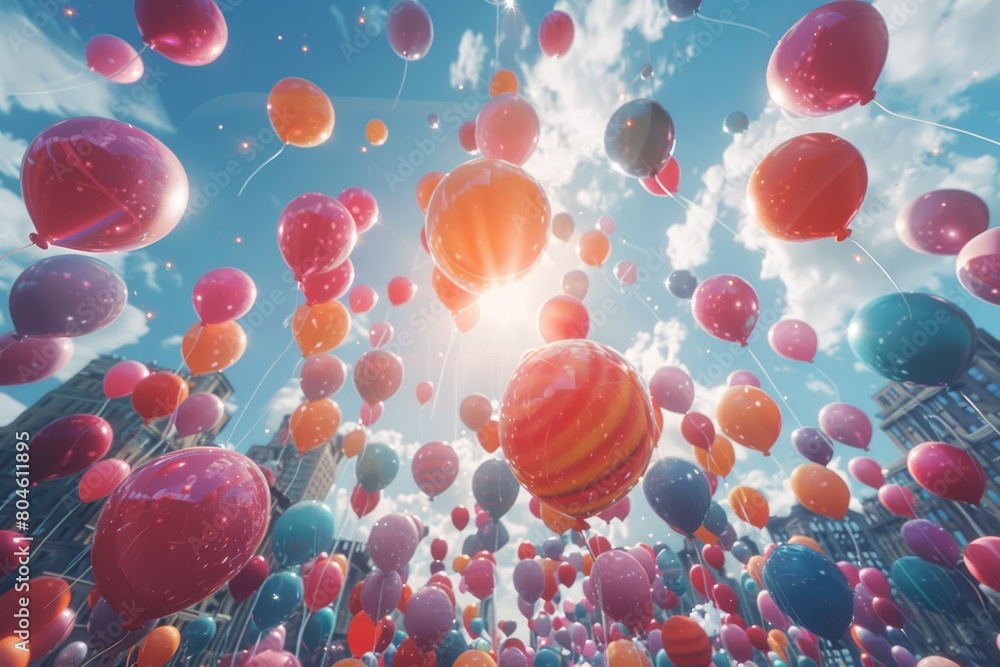 Vibrant balloons flying up in a clear blue sky, giving a sense of celebration and joy, with sun flares and reflections for additional effect Vibrant balloons flying up in a clear blue sky, giving a sense of celebration and joy, with sun flares and reflections for additional effect