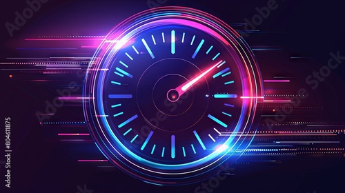 A dial with fast-moving hands is depicted against a black background with neon lights on the sides of its body. 