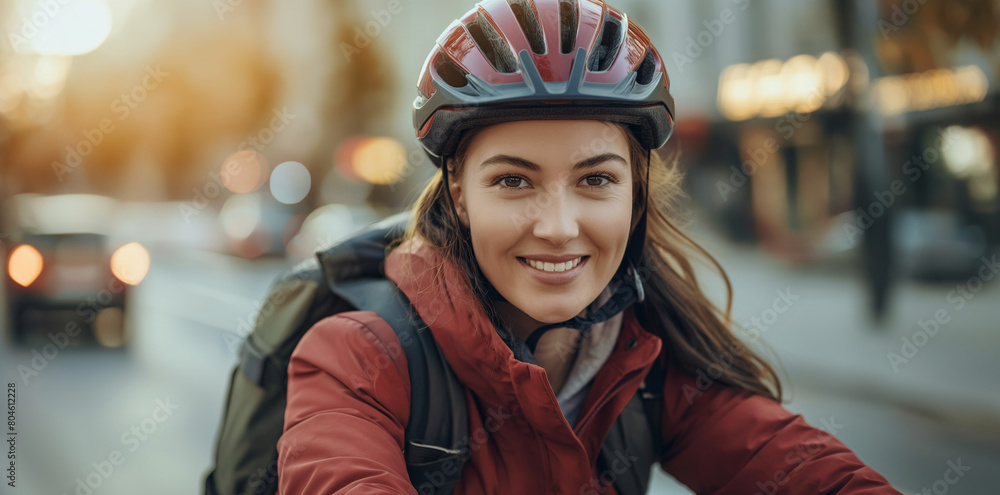 Portrait of a smiling woman wearing a helmet and jacket riding a bicycle in the city, closeup. A happy young female on a bike going to work with a backpack during day time Portrait of a smiling woman wearing a helmet and jacket riding a bicycle in the city, closeup. A happy young female on a bike going to work with a backpack during day time