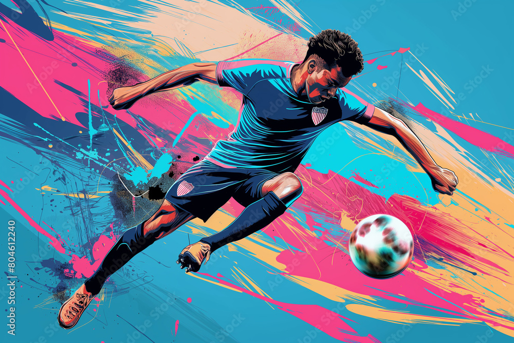 Digital art illustration of soccer players in action with the ball. Neon colors concept. Splash background.