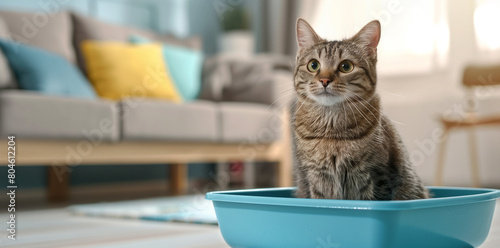 Cute cat sitting in the blue litter box on a blurred background, pet care concept, copy space for text photo