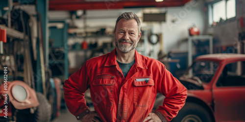 Portrait of a middle-aged mechanic in coveralls standing with hands on hips and smiling at the camera, in a car workshop background with soft light