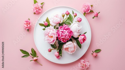 Capture the essence of Mother s Day with a captivating image showcasing a top down view of a delicate arrangement a white circle adorned with beautiful pink peonies and rosebuds set against