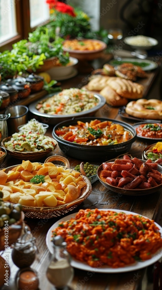 On a rustic table setting, an opulent feast showcases a variety of dishes including pasta, salads, cheeses, and meats.