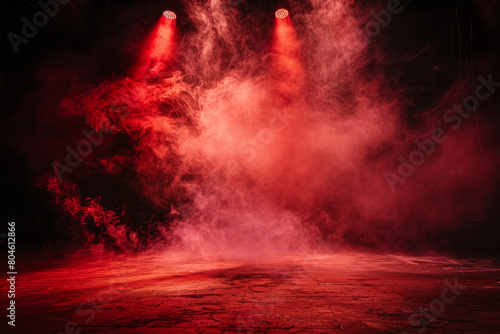 A stage covered in ruby red smoke under a cool grey spotlight, enhancing the rich colors against a black backdrop.