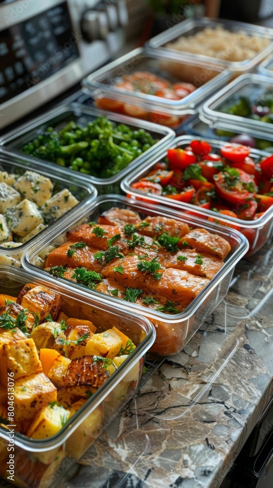 Glass containers filled with a balanced selection of healthy meals, featuring fresh vegetables, protein, and grains, are prepared for convenient nutrition.