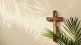 Palm Sunday Wooden Cross with Palm Leaf on Light Background - Copy Space