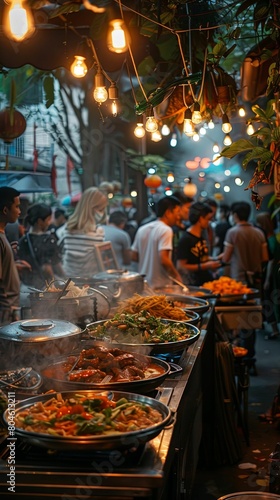 Bustling Night Market Food Stalls with Lights