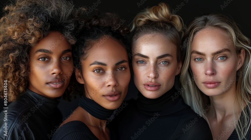 Close-up portrait of four diverse female models with natural hairstyles looking serene in a low-light setup Close-up portrait of four diverse female models with natural hairstyles looking serene in a low-light setup