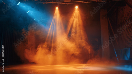 A stage shrouded in warm amber smoke under a pale blue spotlight, offering a cozy, inviting visual. photo