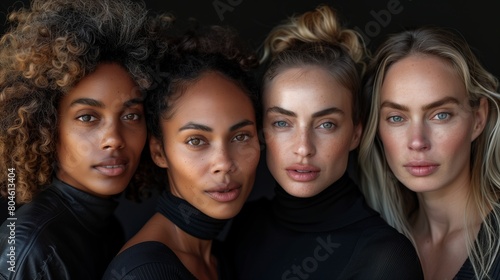 Close-up portrait of four diverse female models with natural hairstyles looking serene in a low-light setup