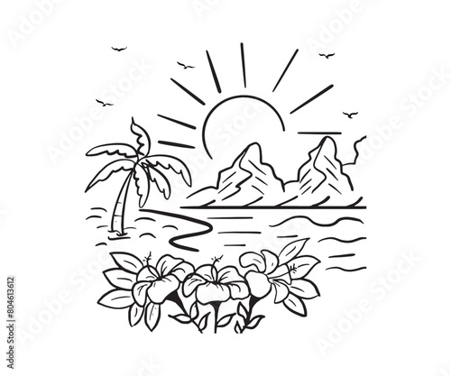 Tropical Summer beach wave with palm trees, mountains and sunset for t shirt print. Stylized vector of a tranquil seaside landscape for summer travel and vacation. graphic tee for surf up summer time.