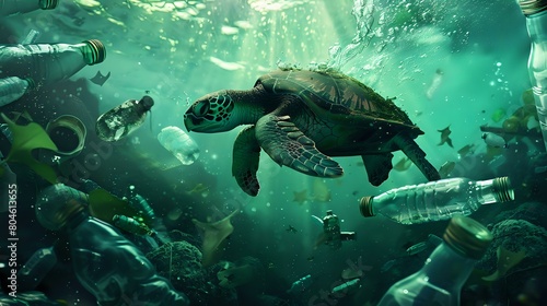 plastic pollution with turtle swimming underwater between discarded plastic bottles