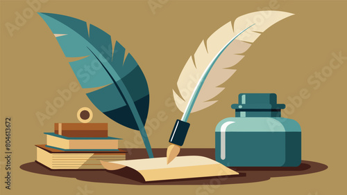 An oldfashioned inkwell and quill set reminiscent of the days when important documents were written by hand.. Vector illustration