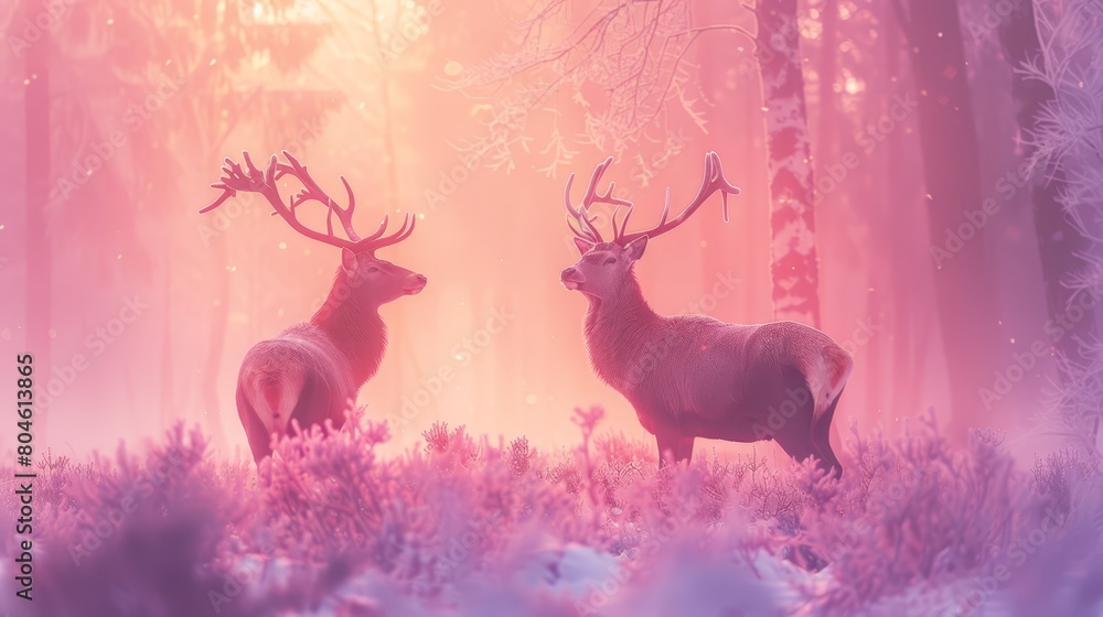   A couple of deer stand side by side on a lush, green forest floor, surrounded by pink and purple flowers In front of them, a foggy sky unfolds