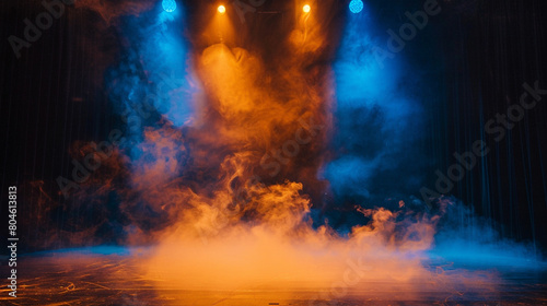 A stage with swirling amber smoke under a deep blue spotlight  setting a warm  inviting mood.