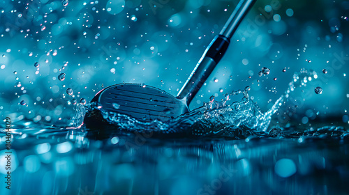 a golf club being drenched with water, with droplets cascading down and the club swinging photo