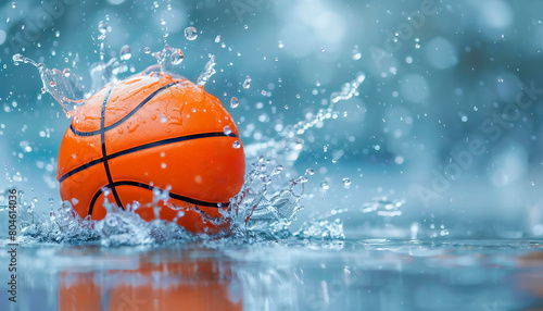 Illustrate a basketball being hit by a splash of water, with droplets flying off and the ball bouncing © Rona_65