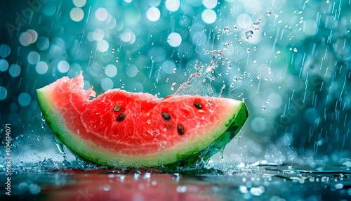 a watermelon slice being splashed with water droplets, with seeds scattering in the air