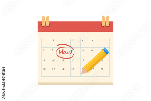 Calendar with circled date for moving. Relocation reminder. Flat modern vector illustration isolated on white background.